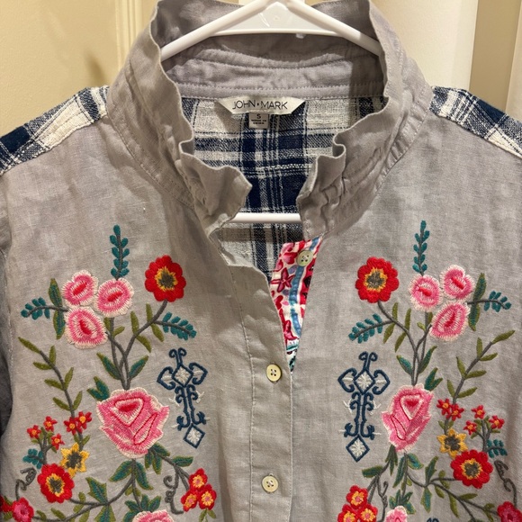 John Mark Tops - John Mark Floral Embroidered High Neck Collar Navy Plaid Button Down Shirt